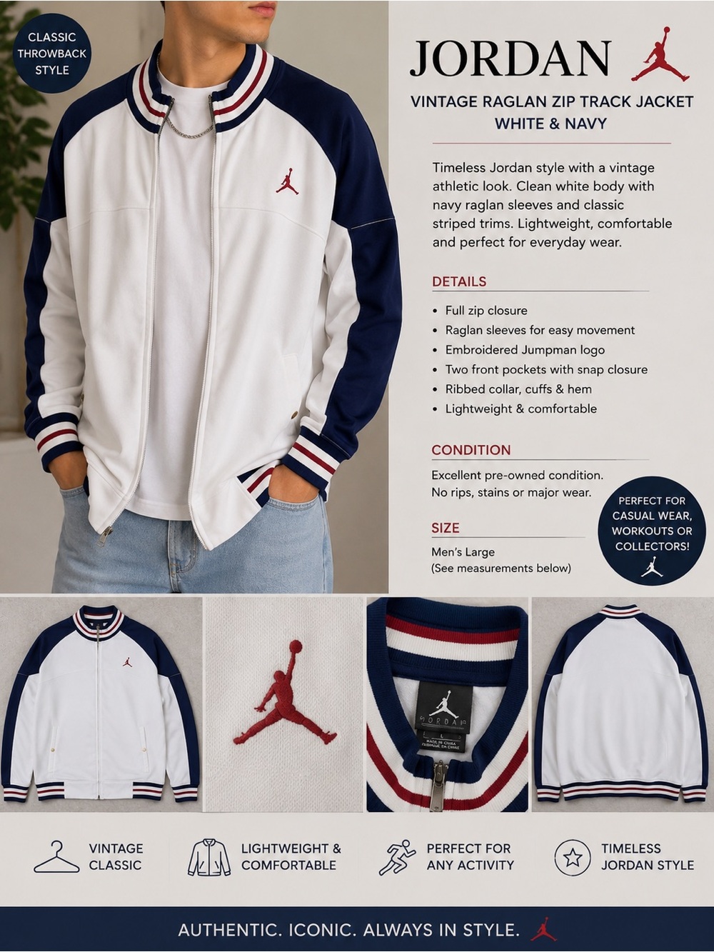 Jordan Vintage White and Navy Raglan Zip Track Jacket